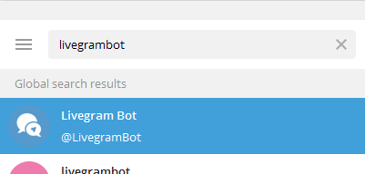 находим в поиске @livegrambot и нажимаем на него два раза